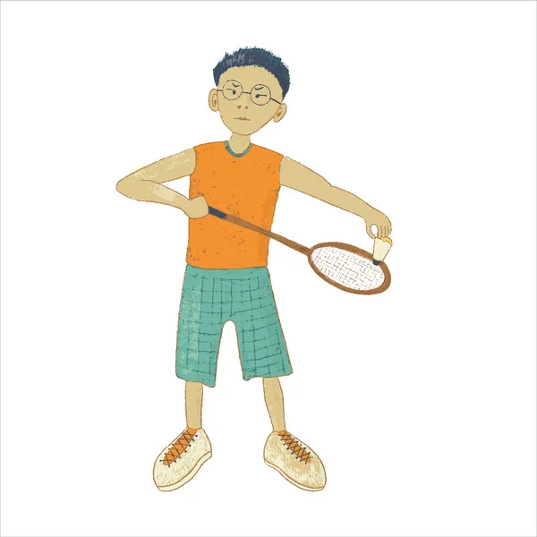 Niño jugando bádminton con raqueta — Vector de stock