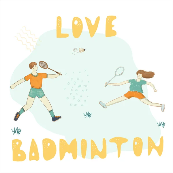 Badminton inspiração frase mão lettering com personagens macho — Vetor de Stock