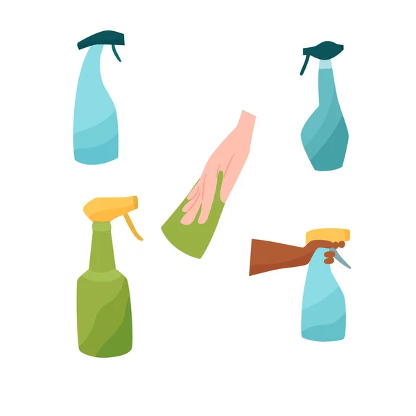 Spray flessen reinigingsmiddel set met hand en doek vector illustratie — Stockvector