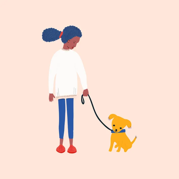 African american girl volunteering in animal shelter walking little puppy. — Stock Vector