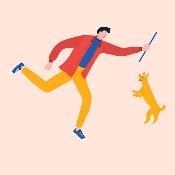 Homem brincando com cão com pau ao ar livre . — Vetor de Stock