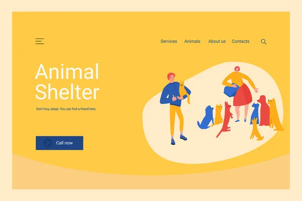 Hayvan barınağı web sitesi, tasarım şablonu. Köpekleri besleyen kadın, elinde kedisi olan adam..