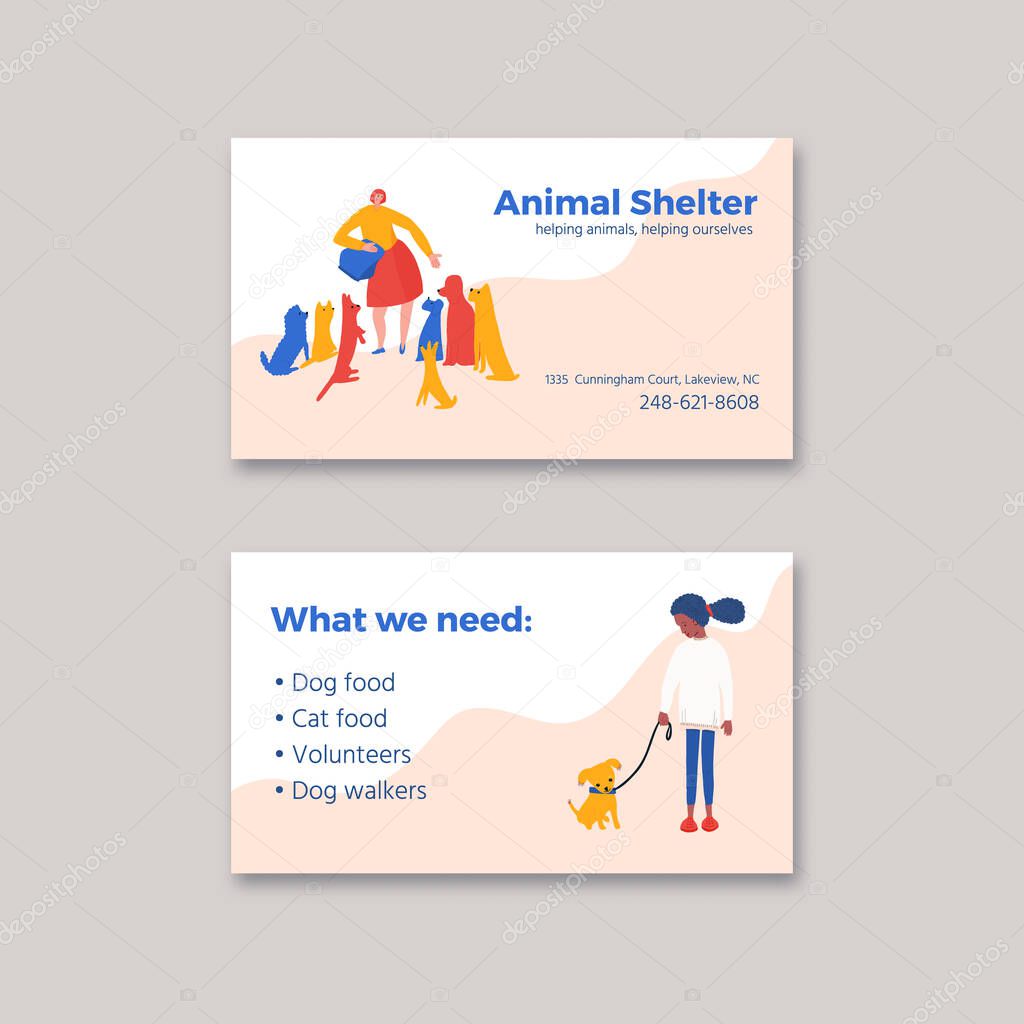 Animal shelter business card template. Vector illustration promotional card layout. Woman feeding dogs, girl walking with puppy. Address placeholder for vet clininc or pet rescue.