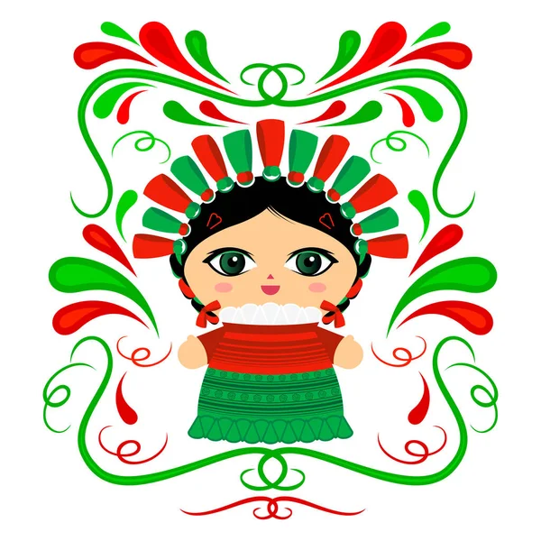 Muñeca Mexicana Con Ornamentos Decorativos Vector Ilustración — Archivo Imágenes Vectoriales