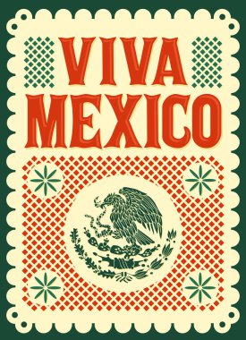Viva Mexico tatil vektör posteri, sokak dekorasyonu çizimi.