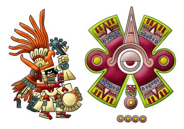 Huitzilopochtli Aztec, Maya güneş tanrısı beyaz arkaplanda resimleme.