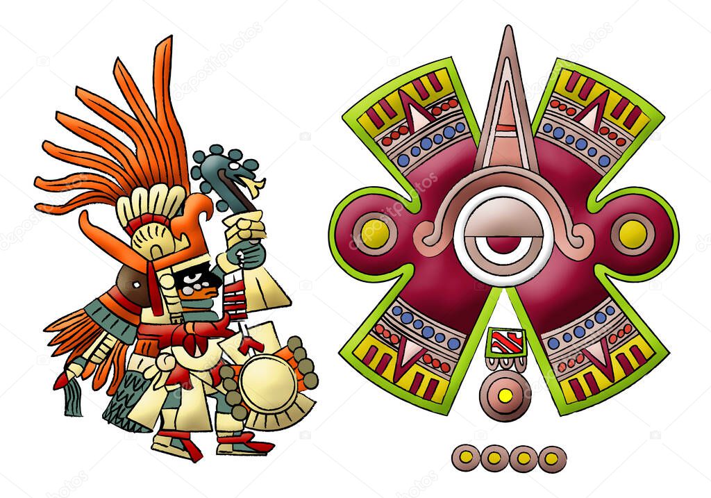 Huitzilopochtli aztec, mayan god of sun illustration on white background.