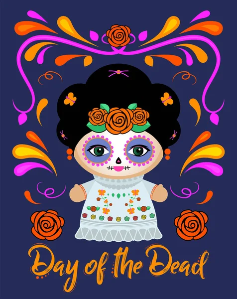 Day Dead Classic Mexican Catrina Doll Ornaments Vector Illustration — Stock Vector