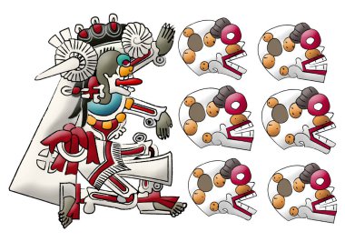 Maya tanrısı Mictlan, yeraltı dünyasının efendisi ve beyaz arka planda kafatasları çizimi.