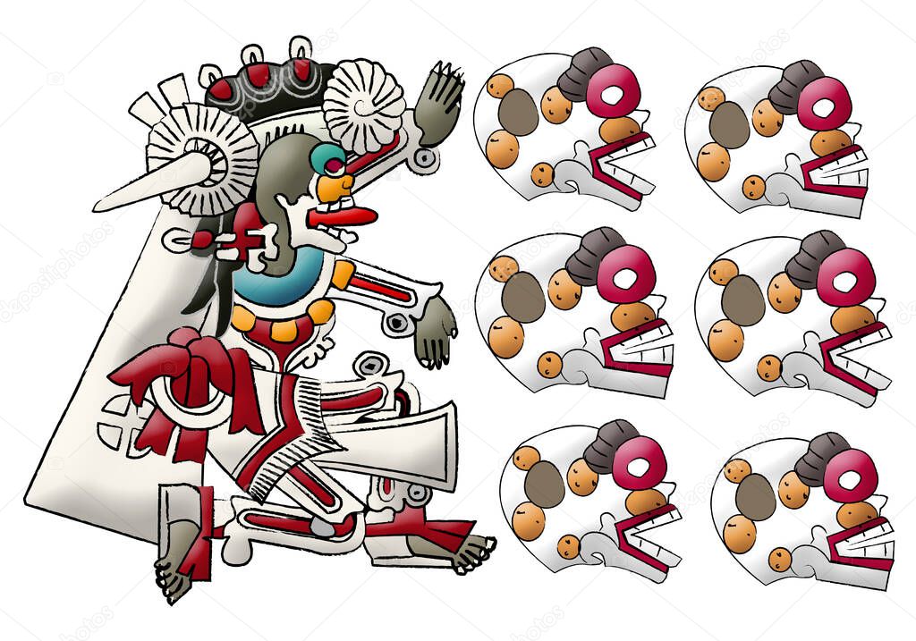 Mayan deity Mictlan, lord of underworld and skulls illustration on white background.