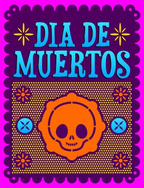 Dia de Muertos, Meksika Ölüm Günü İspanyolca yazı, şirin kafatası vektör çizimi.