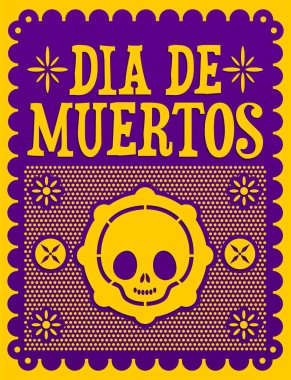 Dia de Muertos, Meksika Ölüm Günü İspanyolca yazı, şirin kafatası vektör çizimi.