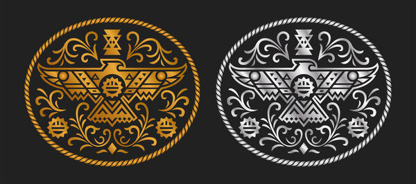 Eagle Native American style Label belt buckle design symbols wild west cowboy tag stylized Western rodeo vector design.