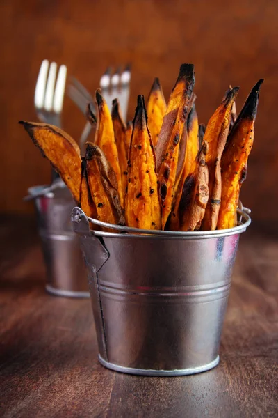 Homemade Baked Sweet Potato Fries Skin Metal Serving Bucket Wooden — Stock Photo, Image