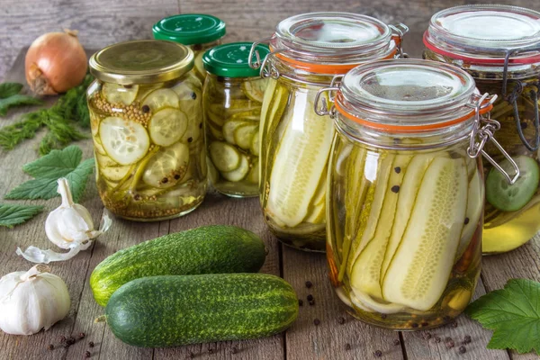 Homemade Pickled Cucumbers Gray Wooden Background — Stock Photo, Image