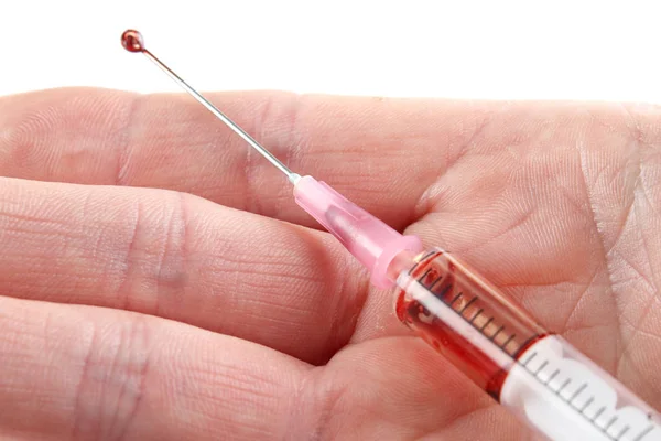 Bloody Used Syringe Hand — Stock Photo, Image