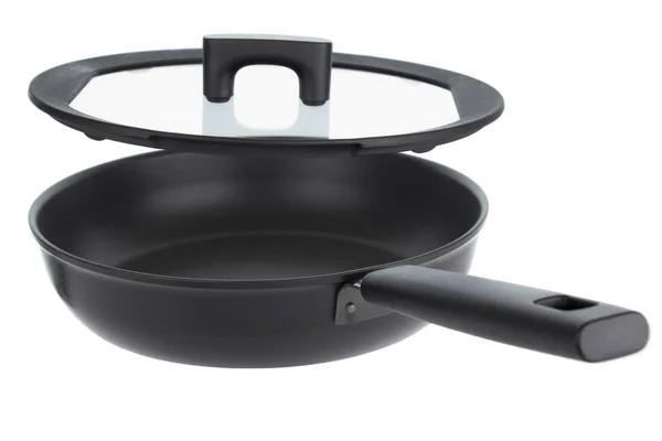 Teflon Gecoate Non Stick Koekenpan Met Glazen Deksel Geïsoleerd Wit Stockafbeelding