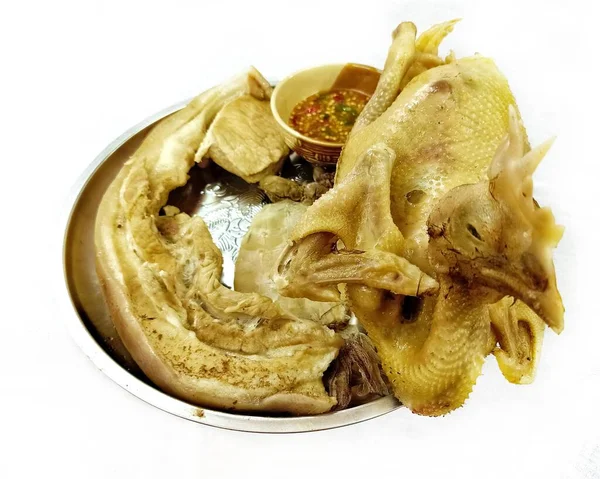 Varkensvlees Gestoomde Kip Gekookt Voor Chinees Nieuwjaar Borden Apart Witte — Stockfoto