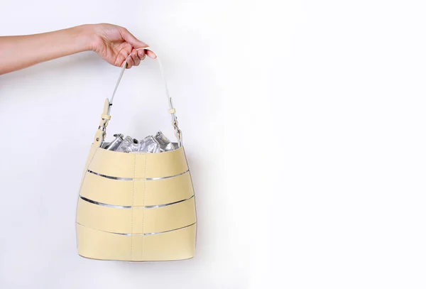 Moda Mano Femenina Sosteniendo Una Bolsa Moda Sobre Fondo Blanco — Foto de Stock