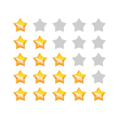 Altın yıldızlar reyting koleksiyonu, vektör incelemesi, altın yıldız set düz oran illüstrasyonu