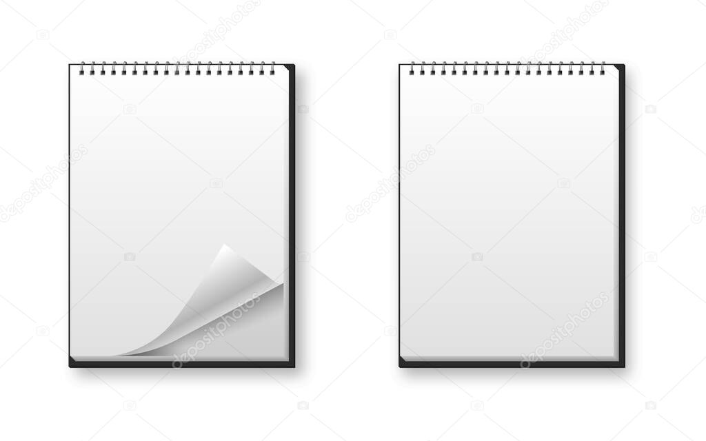 Notebook blank spiral mock up vector isolated white paper template, note book realistic diary page element illustration