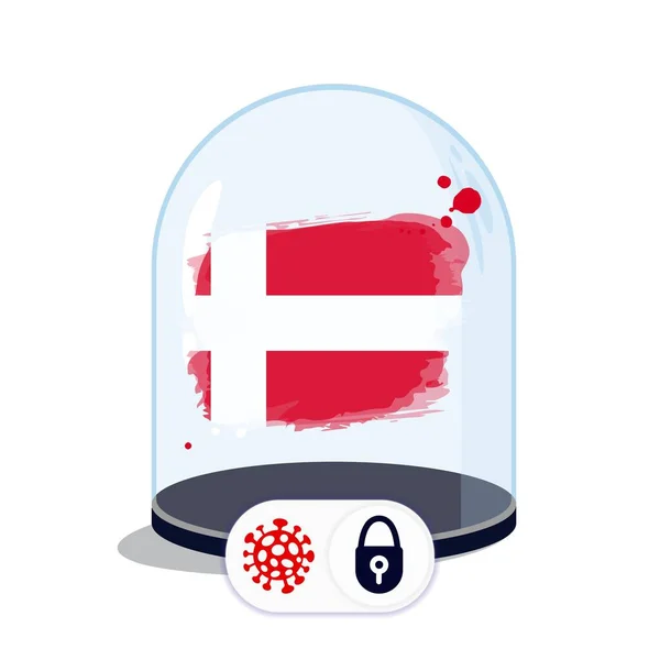 ガラスドームの下のデンマーク国旗 コロナウイルス感染中に国境を閉鎖する 国は互いに孤立している 社会的距離 — ストックベクタ