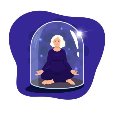 Lotus pozisyonunda oturan kadının gözleri cam kubbenin altında kapalıydı. Karantina ve tecrit dönemindeki insanlarla iletişim. Sosyal mesafe. Renkli vektör mavi kavramı.