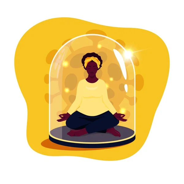 African Woman Sitting Lotus Position Eyes Closed Glass Dome Communications — Stock Vector