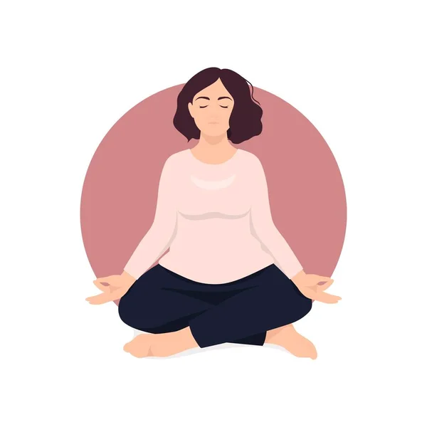 Lotus Pozisyonunda Oturan Meditasyon Yapan Bir Kadın Pranayama Solunum Uygulaması — Stok Vektör