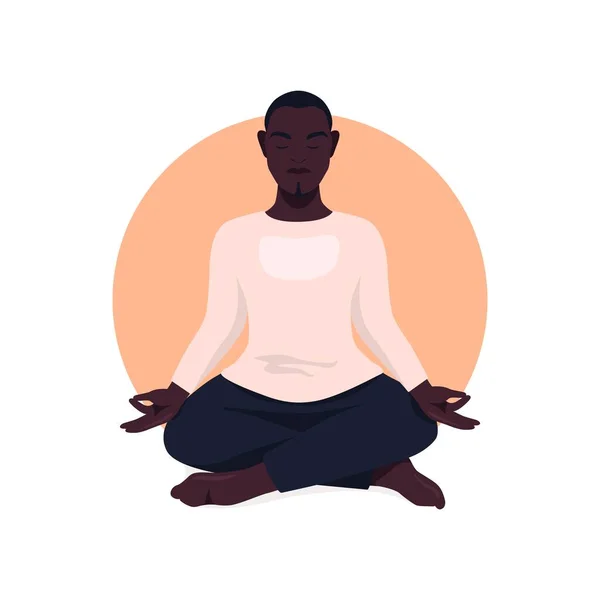アフリカ人男性蓮の位置と瞑想に座っている プラナヤマの呼吸練習 ソーシャルメディアのアバター レトロカラーのベクトルイラスト — ストックベクタ