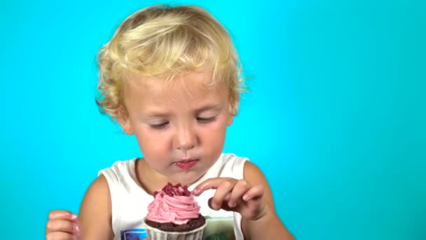かわいい白人の小さな子供が彼の指でおいしいラズベリーマフィンを舐める 青い背景で彼の手で食べる — ストック動画