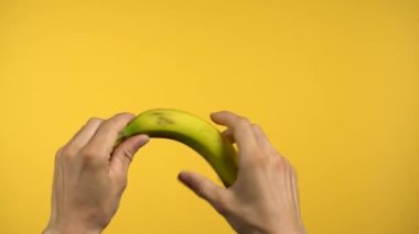 Beyaz erkek eller bir muz açar ve renkli sarı bir zemin üzerinde meyveleri kabuğundan çıkarır..