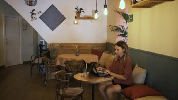 Kafkasyalı Genç Bir Kadını Bir Kafede Dizüstü Bilgisayarla Çalışırken Koruyucu — Stok video