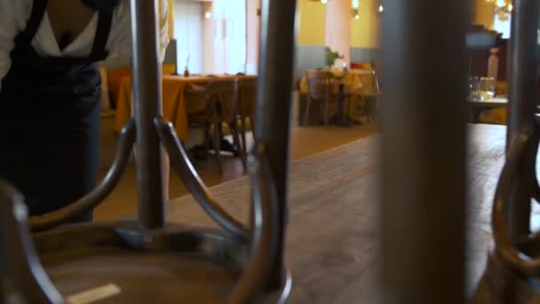 Close Shot Chairs Being Put Table Restaurant Dining Room Young — Stock Video