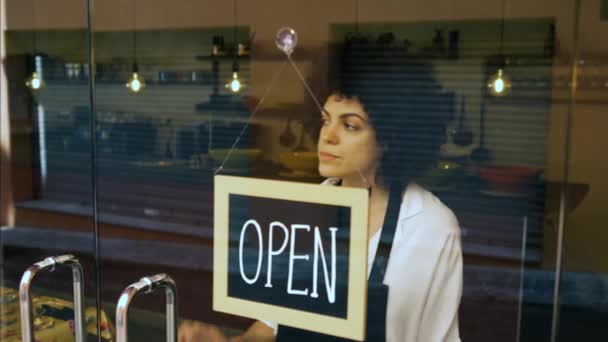 Businesswoman Puts Closed Sign Glass Door Bar Restaurant Owner Small — Stock Video