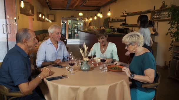 レストランに座っている高齢者のグループにメニュープレートを提供するエプロン付きの若いウェイトレス 引退した友人が一緒に時間を楽しんでいる — ストック動画
