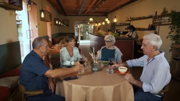 引退した友人のレストランでは 赤ワインのグラスで応援に座っている 幸せな成熟したカップルは プレート上で健康的な食べ物で乾杯し 祝います 人生を楽しむ高齢者 — ストック動画