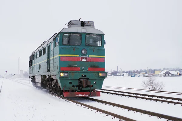 Locomotief Beweegt Spoor Winter — Stockfoto