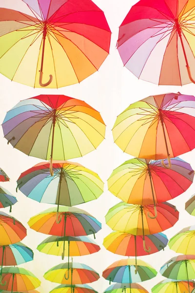 Bright colorful umbrellas umbrellas under the city street in the sky. Street decoration