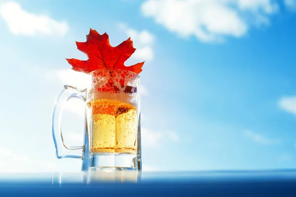 Склянка Пива Яскраво Червоний Осінній Лист Тлі Блакитного Неба Осінній — стокове фото