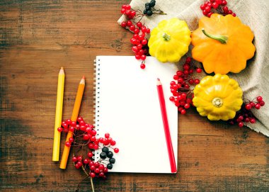 Parlak sonbahar arka planı. Metniniz için düz beyaz defter, renkli kalemler, kabak ve ahşap bir yüzey üzerinde viburnum demetleri, üst görünüm