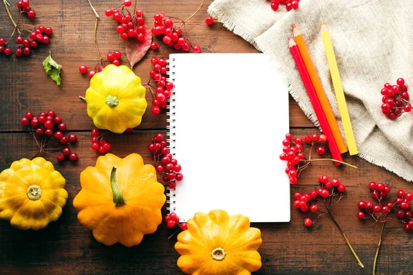 Bright Autumn Background Flat White Notebook Your Text Colored Pencils — Stock Photo, Image