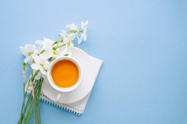 Bir fincan sarı çay, defter ve mavi arka planda bir buket beyaz narsislik, üst manzara, kopyalama alanı