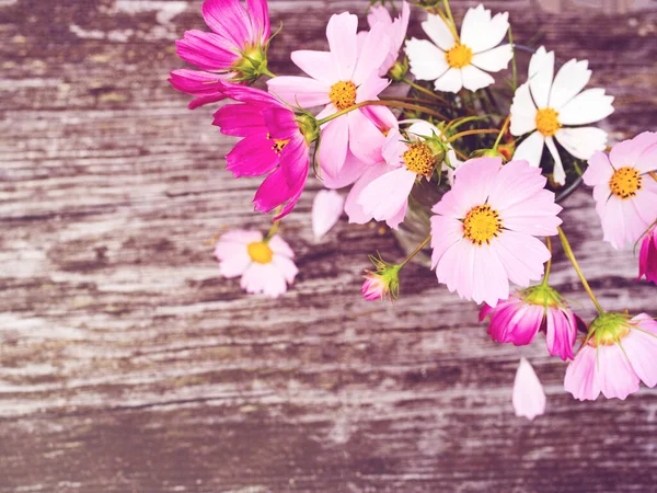 Bouquet Colorful Wildflowers Old Wooden Textural Background Close Soft Focus — Stock Photo, Image