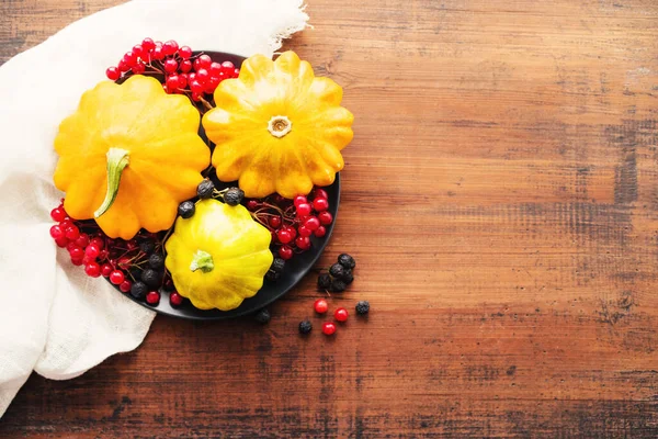 Fresh Yellow Squash Berries Viburnum Chokeberry Plate Wooden Brown Board — Stock Photo, Image