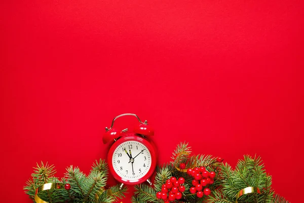 Christmas Background Christmas Card Holiday Decorations Red Vintage Alarm Clock — Stock Photo, Image