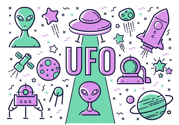 Vektör set simgeleri ve tarzında düz bir UFO konuyla ilgili resimler.