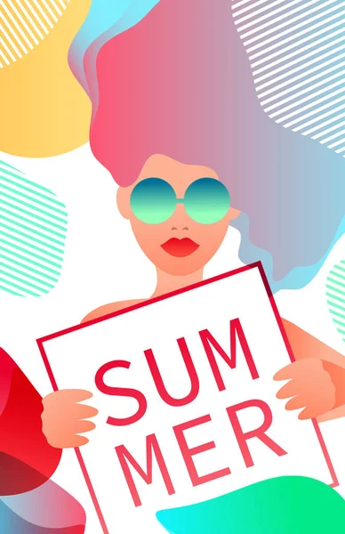 Egy nő-tartja a jele, hogy azt mondja, nyári. — Stock Vector