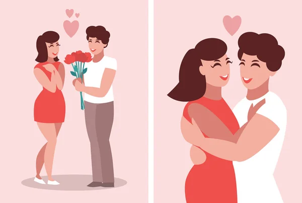 Un hombre enamorado da flores a una mujer. . — Vector de stock