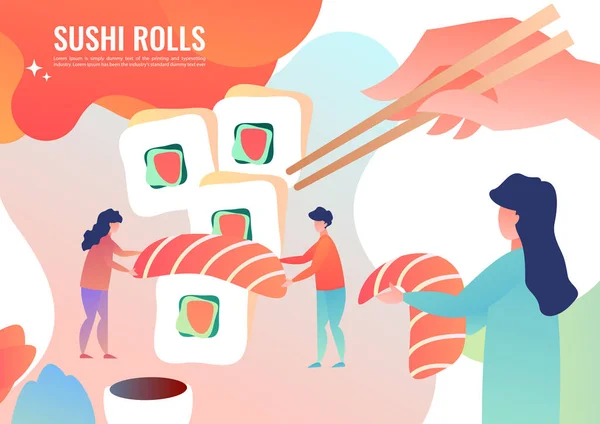 Tiny men cook rolls, Japanese food — Stock Vector